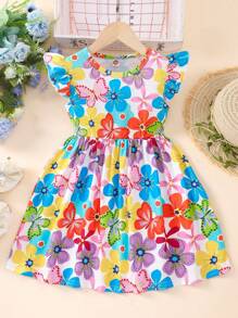 Young Girl Floral Print Ruffle Hemmed Dress - Multicolor - View 1