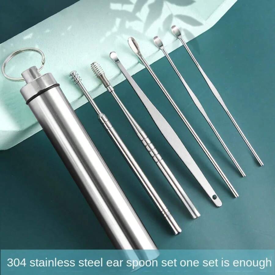 6pcs Stainless Steel Earwax Spoon Cleaning Set,With Spiral Design Ear Pick,Portable Keychain Design Earwax Remover,Earwax Spoon Ear Cleaning Tool Kit - Silver - View 1