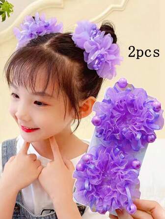 2pcs Girls' Lovely Fabric Hair Tie With Beads And Purple Flower Headband, Suitable For Daily Life, Vacation Or Festival