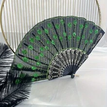 1片優雅豪華的女士折疊閃片繡花塑料扇，適用於復活節、音樂節、母親節、舞台表演和派對派對 - 多色 - 查看 9