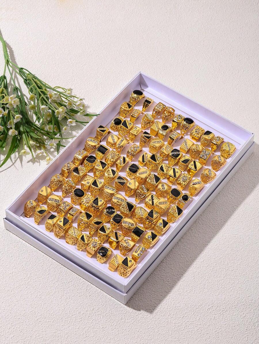 Bộ 10 chiếc/Bộ Nhẫn kim loại pha lê Rhinestone màu vàng/bạc cổ điển dành cho nam Nhẫn bản rộng dùng để cưới Trang sức nhân tạo cho nam (Kích thước và kiểu dáng ngẫu nhiên, Không bao gồm hộp)