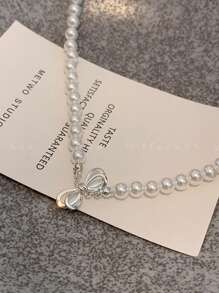 溫柔風蝴蝶結人造珍珠女項鍊,獨特設計鎖骨鏈時尚珠寶項鍊 - 蝴蝶結 - 查看 3