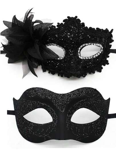 2 件黑色面具套装，男女通用化妆舞会面具服装配饰，适合狂欢节、派对、舞会、宴会、神秘复古设计万圣节万圣节服装女士