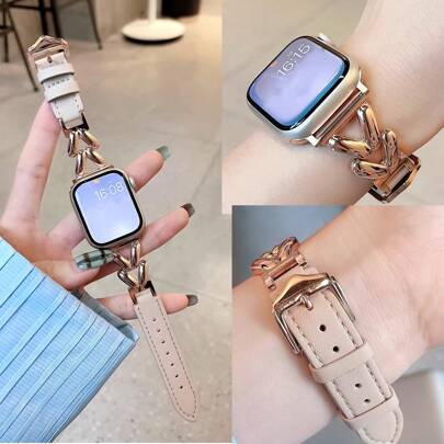Compatible With Apple Watch Band, Creative Fashion Design Silver & Rose Gold Metal Paired With Soft Leather Strap, Adjustable, Unisex, Suitable For Apple Watch Ultra, Series 1-10, SE, 38mm 40mm 41mm 42mm 44mm 45mm 49mm Smartwatch Accessories, Rose Gold, Beige