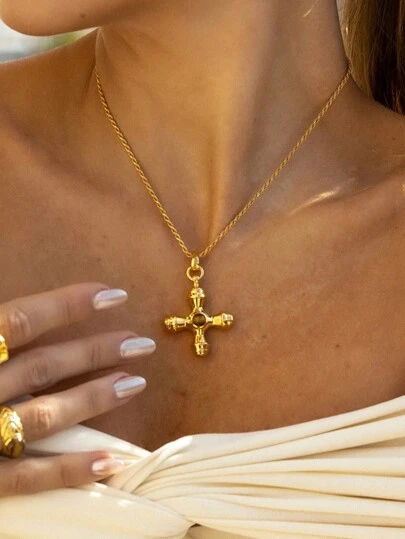 Uworld 1 st. 18K guldpläterad Kors Hänge Halsband Med Vit Kubik Zirkonium Fyrkant Geometriskt Hänge , Lämplig För Kvinnors Dagligt slitage