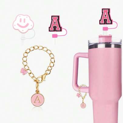 3Pcs Straw Cover, Personalized A-Z Initial Letter Straw Cover And Letter Charms Compatible With  Cup, Dust-Proof Reusable Straw Tips Lids,  Tumbler 30&40 Oz 10mm Silicone Straw Topper(2 Straw Covers+1 Letter)