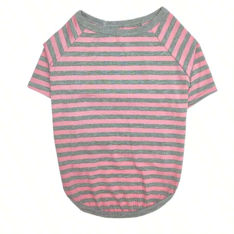 1 Stück gestreiftes Rundhals Haustier T-Shirt, geeignet für Katzen/Hunde, Frühlings- und Sommer-Outdoor-Bekleidung - Pink - Übersicht 1