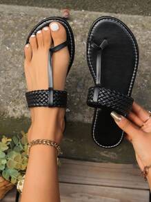 女士平底人字拖凉鞋，简约纯色夏季沙滩鞋，轻便人字拖