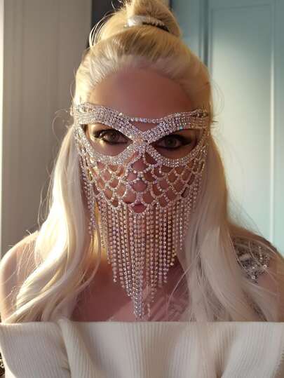 1pc Luxury Rhinestone Face Covering Mask Recommended By Ins Fashion Blogger, Crystal Tassel Masquerade Mask For Costume Party, Music Festival, Exaggerated Glittery Face Jewelry
