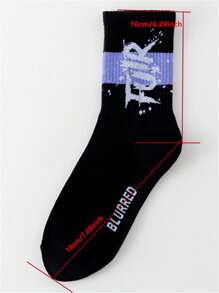 1 Par De Calcetines Cómodos Hasta Mediados De La Pantorrilla Para Chicos Grandes Con Diseño De Letras Y Rayas, Estilo Versátil - Negro - Ver 4