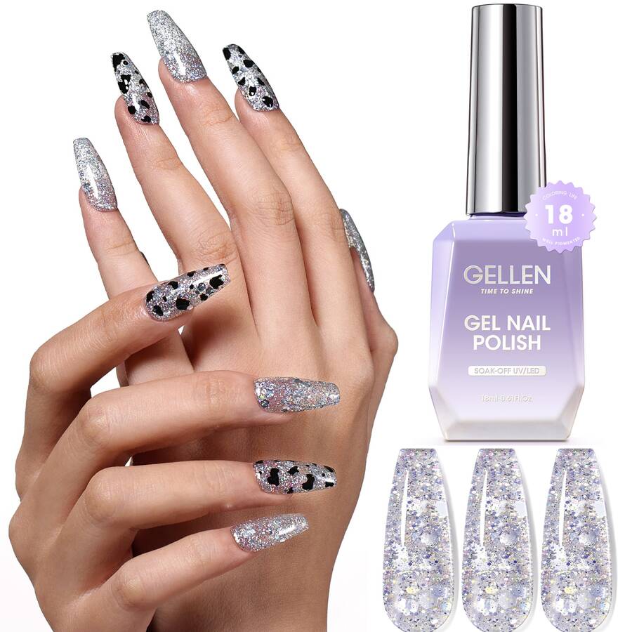 Gellen 18ml閃粉凝膠指甲油銀白色閃粉果凍珠光條紋亮銀透明自然凝膠指甲油可浸泡可以使用uv或led燈照射的修指甲美甲藝術diy沙龍家用假期女士禮物 - 銀色 - 查看 1
