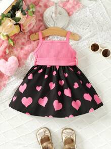 Baby Girl Summer Fashionable Patchwork Heart Print Tank Dress With Belt Set - Red - View 2