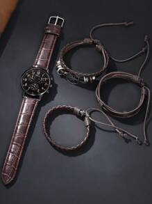 4 Peças/Conjunto Relógio Masculino com Pulseira de Couro PU Marrom, Mostrador Redondo Casual e Ponteiro de Quartzo, Com Acessórios de Cordão de Couro, Adequado para Uso Diário, Temporada de Volta às Aulas, Temporada de Formatura, Ação de Graças, Casais, O Melhor Presente (Caixa de Relógio Não Incluída)