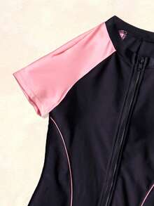 撞色前拉鍊競技連身泳裝