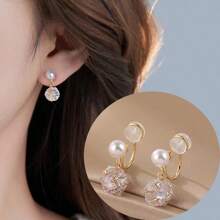 1pair Fashionable Faux Pearl & Cubic Zirconia Short Clip On Ear Cuffs For Women, Small & Versatile Accessories Suitable For Daily Wear, Wedding & Bride Without Ear Holes