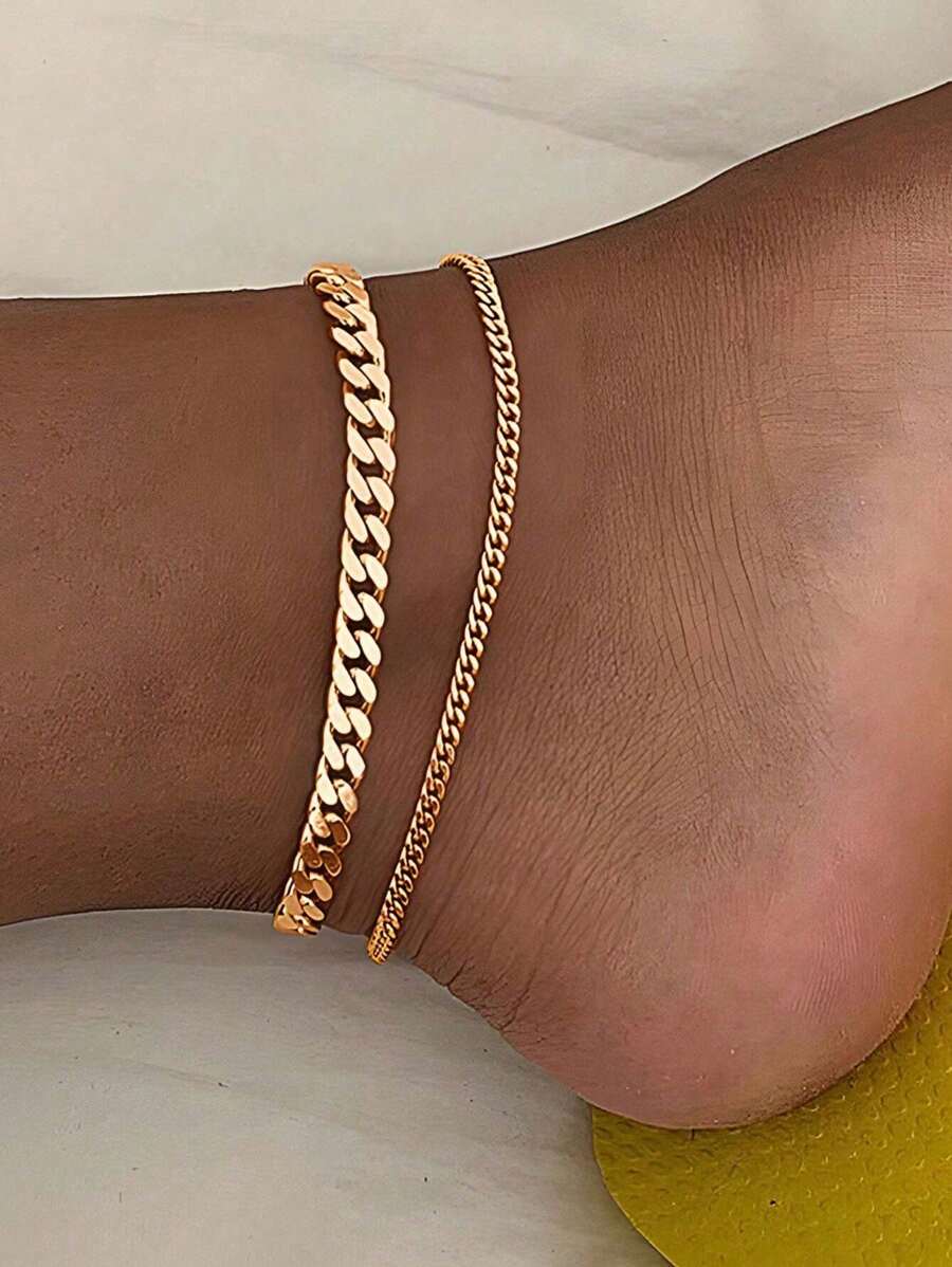 2pcs Gold Multi-Layer Chain Unique Design Anklet, Beach & Street Style, Suitable For Women's Daily Wear, Great Gift For Female Friends - Gold - View 1