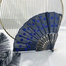 1片優雅豪華的女士折疊閃片繡花塑料扇，適用於復活節、音樂節、母親節、舞台表演和派對派對 - 多色 - 查看 17