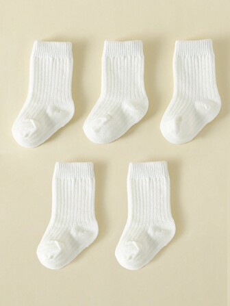 5 Pares Calcetines De Media Pantorrilla De Color Sólido Con Doble Aguja Para Bebés Niño