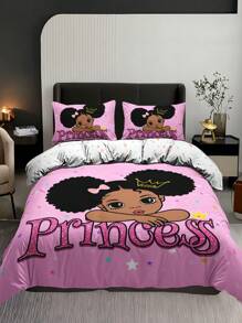 3pcs/Set Cartoon Girl Crown & Letter Printed Duvet Cover Set (1 Duvet Cover + 2 Pillowcases, Not Including Filling), High Definition Printed Home Bedding Set,Valentine's Day