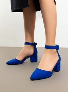 Women Pointed Toe Low Chunky Heels Pumps Ankle Strap Elegant Versatile Simple Shoes - Royal Blue - View 3