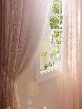 2pcs French Pink Lace Sheer Curtains, Suitable For Luxury Living Room, Princess Room, Balcony, Lace Curtains