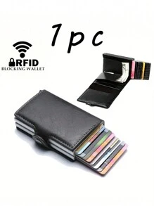 防RFID金屬雙層扣男士卡片套小型卡片皮夾皮革薄款錢包防盜刷防磁化PU皮革扣信用卡袋多卡槽簡易信用卡存儲袋極簡主義錢包男士ID窗口-男士薄型推出式鋁合金卡片套-理想禮品-商務休閒 - 黑色 - 查看 11