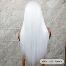 Lace Front Wigs Synthetic 13x4 Long Silky Straight White Color Hair Heat Resistant Fiber Glueless Frontal Lace Replacement Wig Pre Plucked With Baby Hair Natural Hairline 26 Inches HD Transparent Lace Free Part For Fashion Women Girls Party Vacation Makeup Use Daily Wear - 白色 - 查看 3