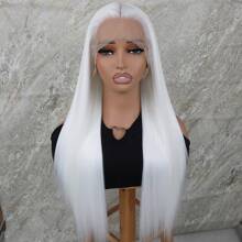 Lace Front Wigs Synthetic 13x4 Long Silky Straight White Color Hair Heat Resistant Fiber Glueless Frontal Lace Replacement Wig Pre Plucked With Baby Hair Natural Hairline 26 Inches HD Transparent Lace Free Part For Fashion Women Girls Party Vacation Makeup Use Daily Wear - 白色 - 查看 2
