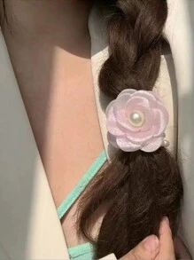 2 Piezas Lazos Decorativos Para El Cabello Con Flores Y Perlas Para Niñas, Hebilla Elástica Con Perla Blanca Para Trenzas Y Accesorios Para Moño, Adecuados Para Vida Diaria O Vacaciones