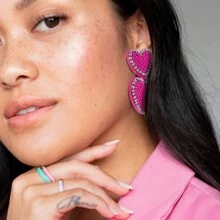 歐美時尚波西米亞風格紅色米形珠子和心形耳墜,女性手工編織耳環 - 雙愛心耳環 - 查看 4