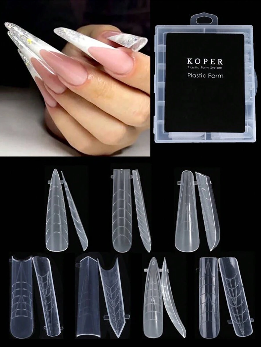 Boxed 120pcs Transparent Nail Extension Dual Mold  Artificial Nail Form Almond Square Pointed Coffin Full Cover Nail Prolong Mold With Scale Manicure Tools For DIY Salon Nail Extension
