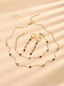 4 件套不锈钢彩色锆石手链、项链、耳环，精致镶嵌圆形锆石首饰，独特设计