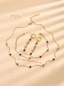 4 件套不锈钢彩色锆石手链、项链、耳环，精致镶嵌圆形锆石首饰，独特设计