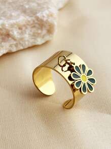 1pc Summer Style Flower Pendant Ring, Stainless Steel 18k Gold-Plated Open Ring For Women, Fashionable High-End Party Accessories Gift