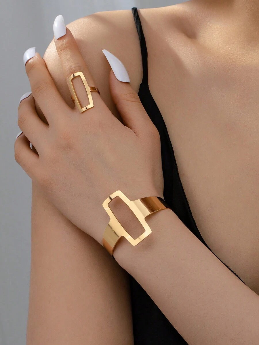 1 Bộ Thời Trang Và Sang Trọng Phong Cách Tối Giản Series Rỗng Ra Kim Loại Mở Vòng Vòng Tay Dành Cho Phụ Nữ Đeo Hàng Ngày - Vàng - Xem 1