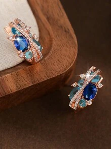 1對精緻藍白立方鋯石鑲嵌優雅圓形耳環，奢華派對飾品，適合女性 - 玫瑰金 - 查看 5
