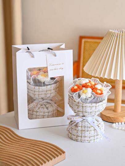 7 Flowers/Bundle Of Party Small Gifts Creative Knitted Yarn Puff Eternal Bouquet Gift With Gift Bag Greeting Card, DIY Simulated Flower Decoration Gift, Office, Home, Desk Decoration, The Best Holiday Gift
