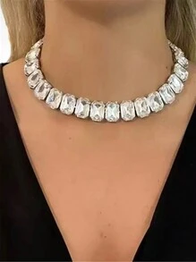 Fashionable Simple Square & Multicolor Rhinestone Necklace, Bride Wedding Dress Accessory For Women