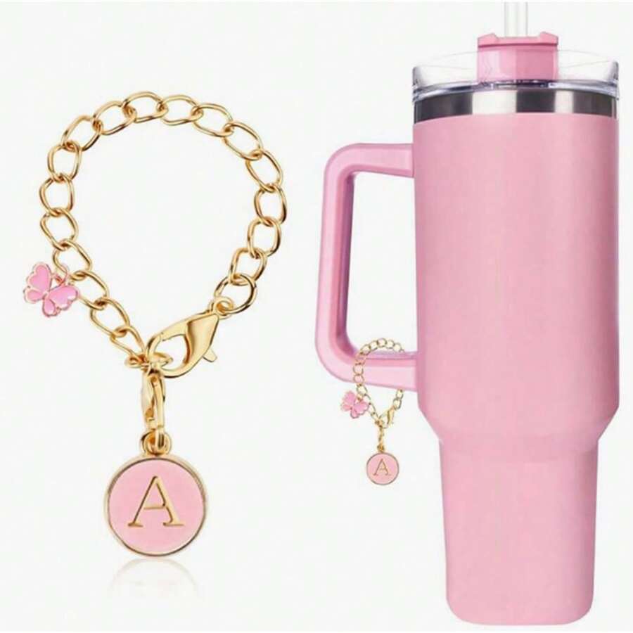 1pc Letter Charm Accessories For Cup, Name ID Letter Handle Charm For Cup Tumbler 30 40oz, Round Shape With Butterfly Decor Initial Identification Charms (Pink), Mother's Day Gift - Pink Butterfly - View 1