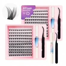 Diy睫毛延伸工具套裝,包括120個睫毛束、睫毛膠、睫毛鉗,適合初學者,薄款睫毛束 - 粉色 - 查看 26