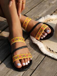 Của phụ nữ Dệt Ban nhạc Thêu Hoa Giày lười Dép đi trong nhà , Giải trí Du lịch bờ biển Giày dép - Màu vàng - Xem 2