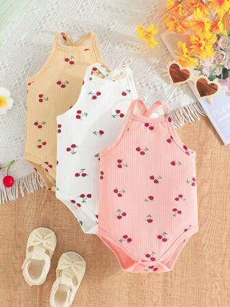 寶寶女孩夏季3入組套裝：無袖連體衣，可愛櫻桃印花，連體裝和髮箍