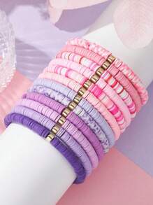 12Pcs 12 Color Polymer Clay Heishi Surfer Stretch Bracelets Set With Plastic Beaded, Stackable Preppy Bracelets, Mixed Color, Inner Diameter: 2-1/8 Inch(5.3cm), 1Pc/Color - Pink - View 2