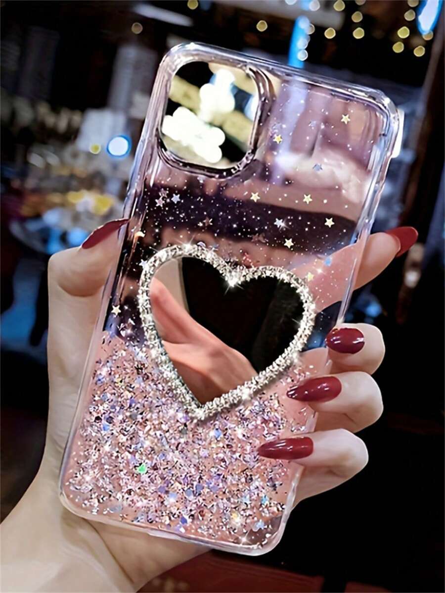 奢华闪光水钻闪亮 3D 心形镜面柔软手机壳适用于 iPhone 11 15 16 Pro Max 16E 12 14 Pro 13 XS XR 7 8 Plus S24 Ultra S24 S22 S23 S25 Ultra A54 A34 A73 闪亮透明保护套
