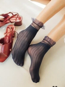 2 Pairs Women Summer Sheer Lace Top Thin Crew Socks Velvet Anti-Friction Breathable Pantyhose, Black, Suitable For Daily Use