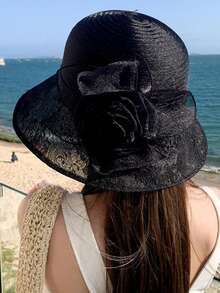 1頂女性復古優雅花朵遮陽帽,適用於女士婚禮聚會、夏季防曬旅遊沙灘帽 - 彩色 - 查看 8