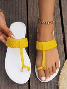 Giày Sandal Đế Bằng Cho Nữ, Giày Đi Biển Mùa Hè Màu Trơn Đơn Giản, Dép Xỏ Ngón Nhẹ - Màu vàng - Xem 6