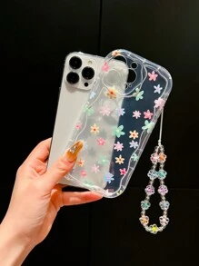 1个花卉图案TPU可爱防震彩色气泡透明波浪边手机壳，兼容苹果11/12/13/14/15/16/13 Pro Max/14 Plus/15 Pro Max/XS/XR/17 Pro Max，带花珠挂绳，春季礼物 - 彩色 - 查看 2