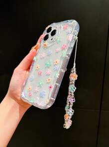 1个花卉图案TPU可爱防震彩色气泡透明波浪边手机壳，兼容苹果11/12/13/14/15/16/13 Pro Max/14 Plus/15 Pro Max/XS/XR/17 Pro Max，带花珠挂绳，春季礼物 - 彩色 - 查看 4
