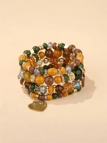 波西米亞風格4入組歐美時尚多層水晶心型珠寶鏈手鏈套裝，女款 - 彩色 - 查看 19